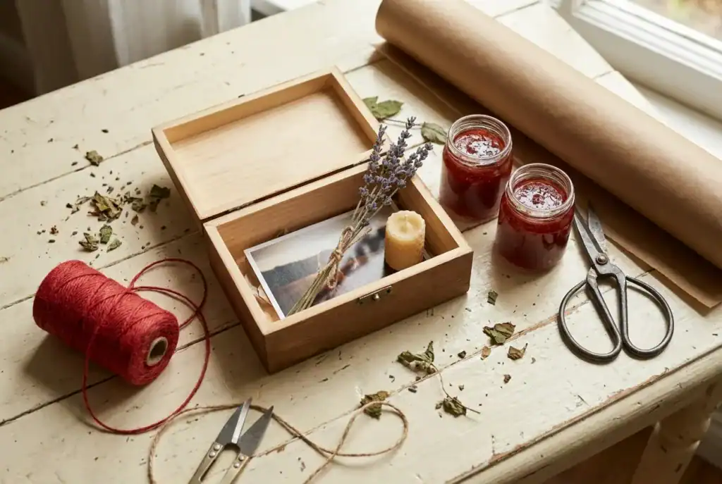 Boîte en bois garnie d’une photo, d’un bouquet de lavande séchée et d’une bougie, à côté de deux pots de confiture maison, de papier kraft et de ficelle rouge