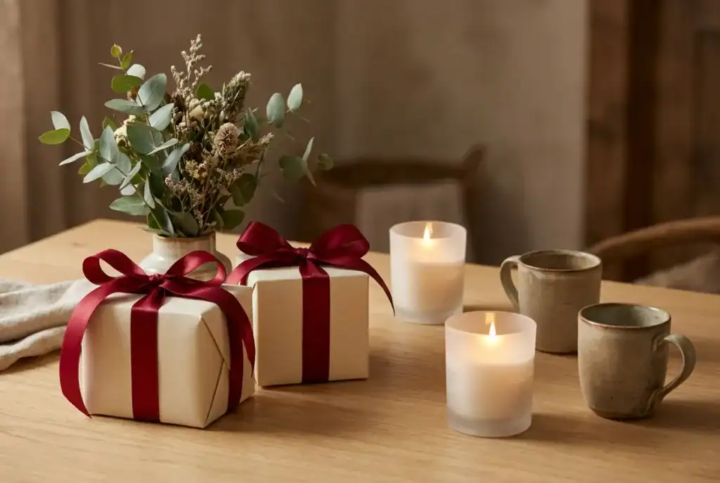 Deux paquets cadeaux crème noués de rubans rouges, bougies et tasses sur une table en bois