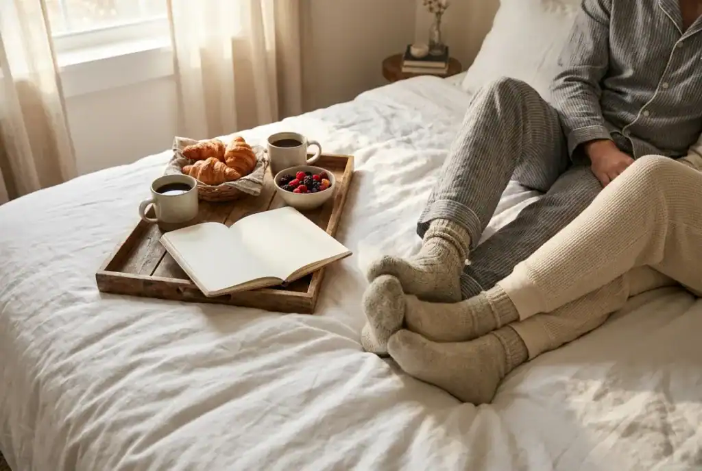Plateau de petit-déjeuner au lit avec deux cafés, des croissants et des fruits rouges, à côté de deux personnes en pyjama et chaussettes de laine