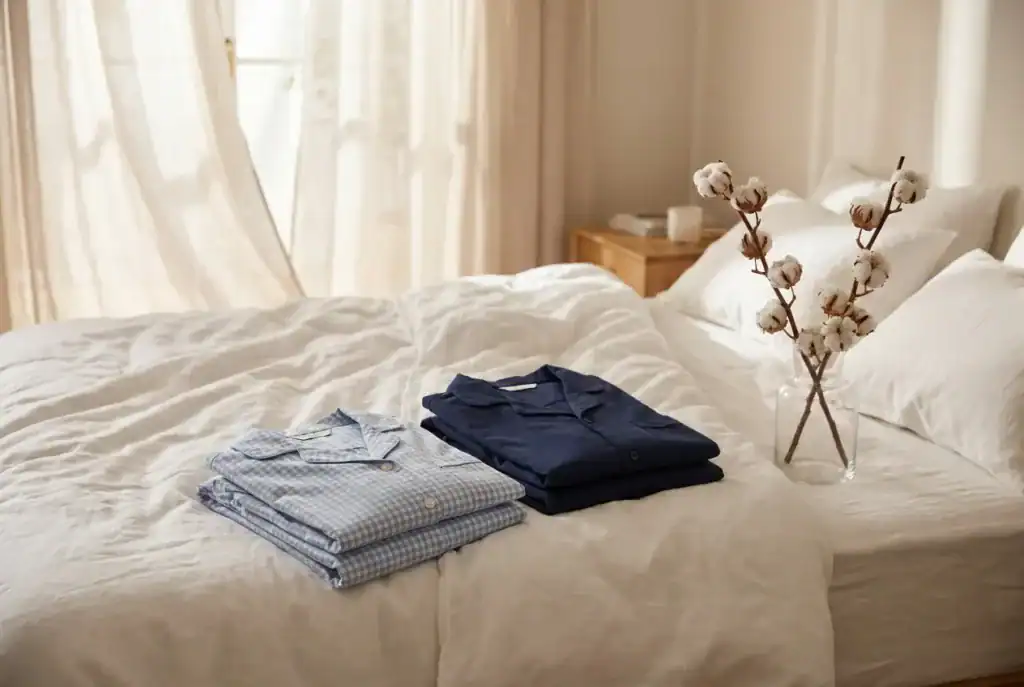 Deux pyjamas en coton pliés sur un lit, l’un en vichy bleu et blanc, l’autre bleu marine uni